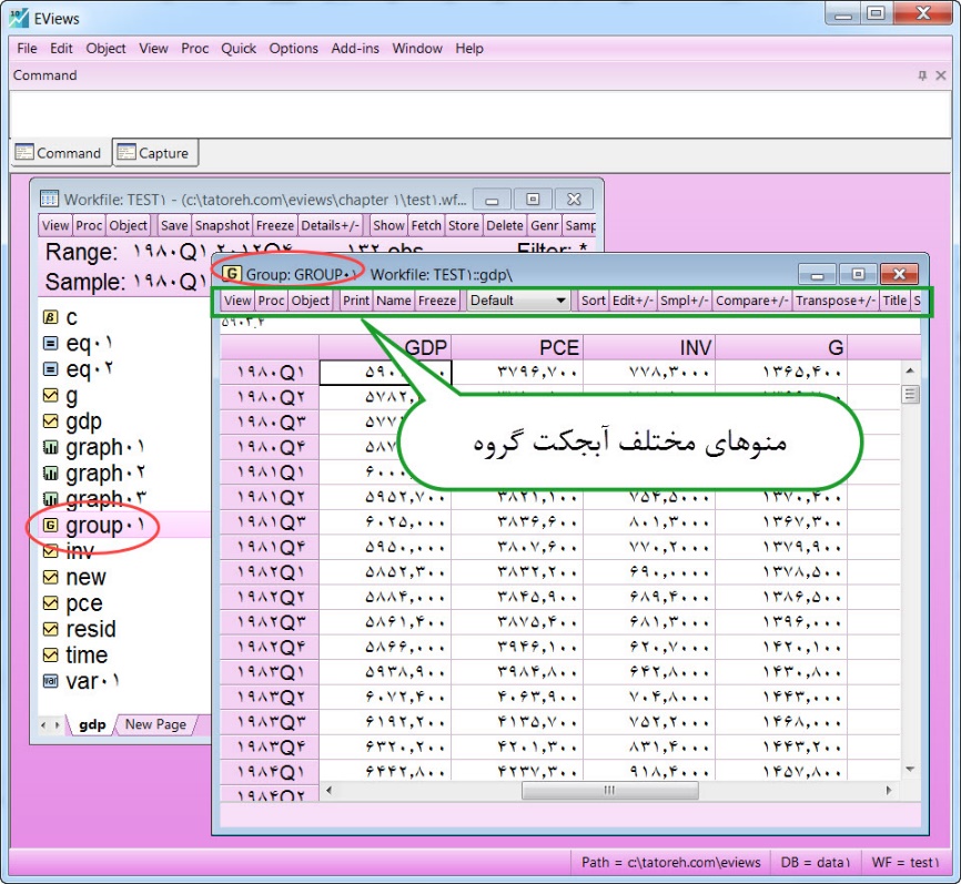 آبجکت گروه در نرم افزار ایویوز - Eviews