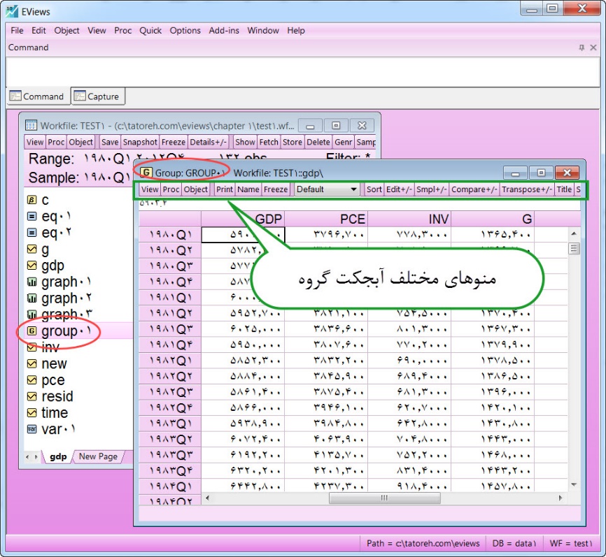 آبجکت گروه در نرم افزار ایویوز - Eviews